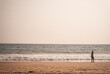 Człowiek idący brzegiem morza, na tle plaży i oceanu.