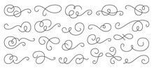 Black Line Calligraphic Vintage Swirl Set. Classic Antique Typographic Filigree Curls. Elegant Retro Ink Hand Drawn Swashes. Christmas Ornate Wedding Invitation Victorian Style Flourish Scroll Pattern