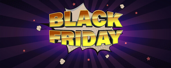 Poster - Black friday sale. Glossy volumetric golden text. Vector cartoon background with rays and halftone effect. Template for site header