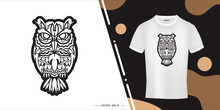 Black And White Owls In Boho Style. Good Covers, Fabrics, Postcards And Printing. Vector