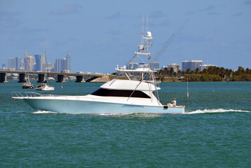 Blue and white high-end sport fishing boat