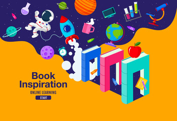 Wall Mural - Book Inspiration, Online Learning, study from home, back to school, flat design vector.