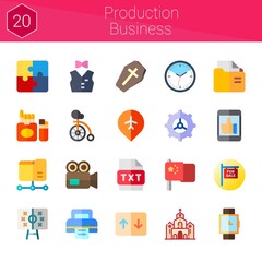 Poster - production business icon set. 20 flat icons on theme production business. collection of settings, cigarette, like, printer, church, video camera, staff, coffin, clock