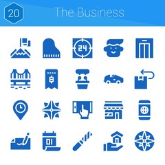 Poster - the business icon set. 20 filled icons on theme the business. collection of Placeholder, Invoice, Support, Calendar, House, Presentation, Market, Compass, Avatar, Lift