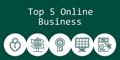Poster - top 5 online business background concept with top 5 online business icons. Icons related signs, medal, tax, solar panel, padlock