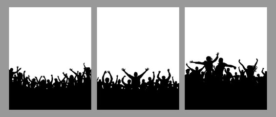 Wall Mural - Set of crowds of people, vertical posters. Music or sport fans, cheerful people. Vector illustration.