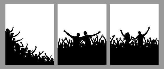 Wall Mural - Silhouette of cheerful crowd people, vertical posters, set. Fun people on party or holiday or concert, sport fans. Vector illustration