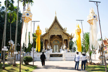 Ancient ruins building ubosot ordination hall for thai people and foreign travelers travel visit respect praying in Wat Pa Daraphirom Temple at Mae Rim city on December 2, 2020 in Chiang Mai, Thailand