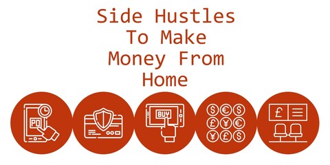 Wall Mural - side hustles to make money from home background concept with side hustles to make money from home icons. Icons related mobile shopping, online shopping, bank, coins, credit card