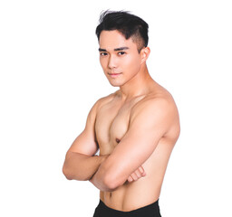 Asian young muscular man on white background