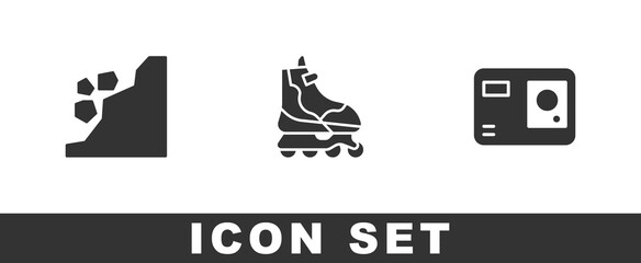 Sticker - Set Landslide, Roller skate and Action extreme camera icon. Vector