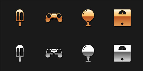 Poster - Set Ice cream, Gamepad, Golf ball on tee and Bathroom scales icon. Vector