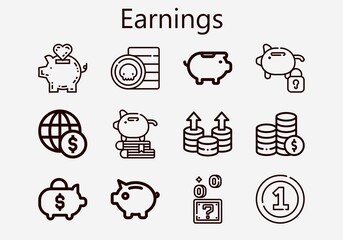 Premium set of earnings [S] icons. Simple earnings icon pack. Stroke vector illustration on a white background. Modern outline style icons collection of Coin, Coins, Piggy bank