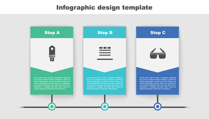 Sticker - Set USB flash drive, Cinema auditorium with seats and 3D cinema glasses. Business infographic template. Vector