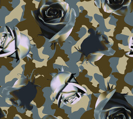 Fashionable camouflage brown and grey pattern with grey roses with grey leaves