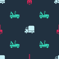 Wall Mural - Set Road traffic signpost, Delivery cargo truck and Tow on seamless pattern. Vector