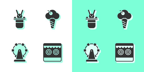 Canvas Print - Set Shooting gallery, Magician hat and rabbit, Ferris wheel and Ice cream waffle cone icon. Vector