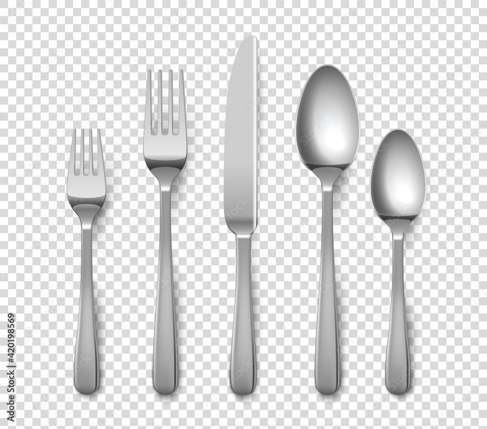 Realistic cutlery. 3D forks and knives or spoons. Isolated metal objects for table setting on transparent background. Top view of silverware set. Vector flatware from stainless steel - obrazy, fototapety, plakaty 