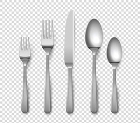 Realistic cutlery. 3D forks and knives or spoons. Isolated metal objects for table setting on transparent background. Top view of silverware set. Vector flatware from stainless steel