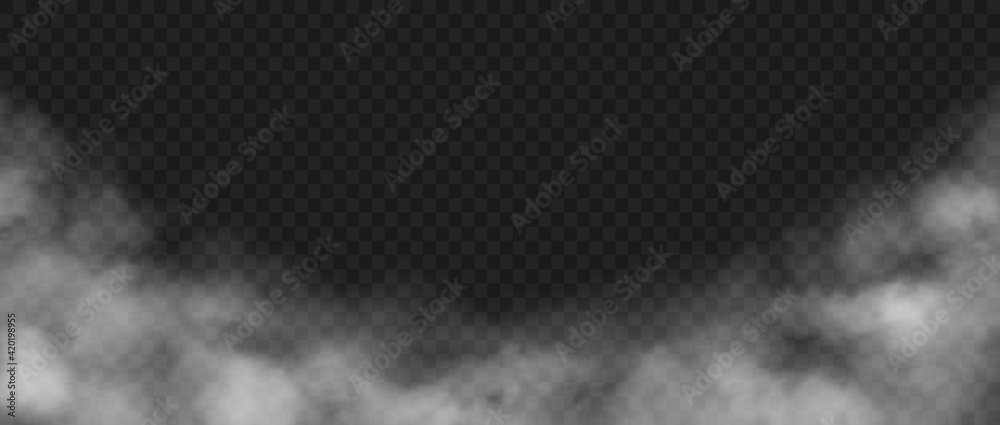 Smoke background. Realistic decorative fog effect and transparent magic mist. White vapor, creeping fume. Cloudscape and rising smog mockup. Dust or powder cloud, vector steam template - obrazy, fototapety, plakaty 