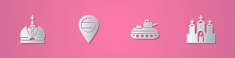 Sticker - Set paper cut King crown, Location Russia, Military tank and Church building icon. Paper art style. Vector