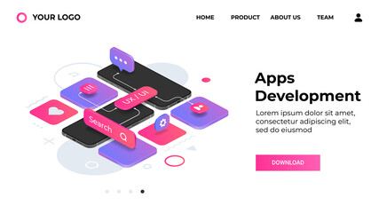 Poster - Apps development landing page. Website UX interface. Application update. Web UI with download button and place for logo. Vector realistic smartphones on abstract memphis background