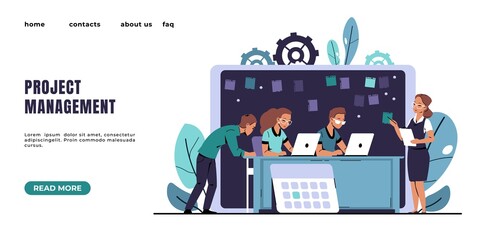 Aufkleber - Agile landing page. Kanban methodology software development. Effective project management. Brainstorming and teamwork of employees. Website UI with buttons. Vector web interface mockup