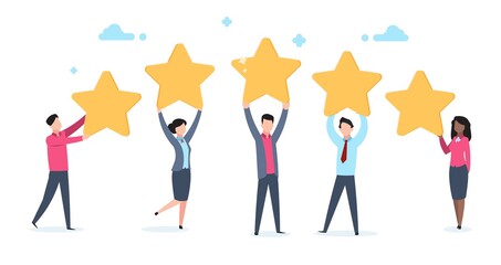 5 star rating. Flat people holding five golden stars. Social media product review, men and women vote online, customer rating quality and feedback vector concept isolated on white background