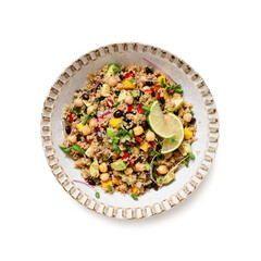 Wall Mural - Healthy quinoa black bean salad with mango and avocado. Perfect for spring, summer, fall or winter. isolated on white background,top view