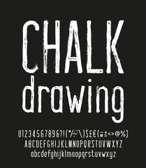 Poster - Chalk Drawing alphabet font. Hand drawn narrow uppercase and lowercase letters, numbers and punctuations. Stock vector typescript for your design.