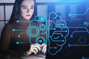 Wall Mural - businesswoman with laptop and business sketch, double exposure
