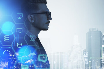 Poster - Businessman with data symbols, double exposure with office skyscrapers