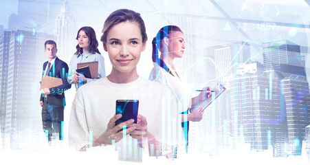 Poster - Attractive smiling businesswoman checking stock market rates in smartphone. Hologram charts. Business and financial success concept. Double exposure. businesspeople on background