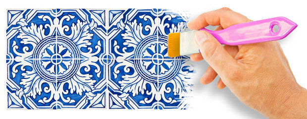 Wall Mural - Typical Portuguese decorations with colored ceramic tiles called azulejos - concept image with hand and brush