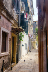  The island of Corfu. Streets of the city of Kerkyra, Ancient architecture. Summer landscape.