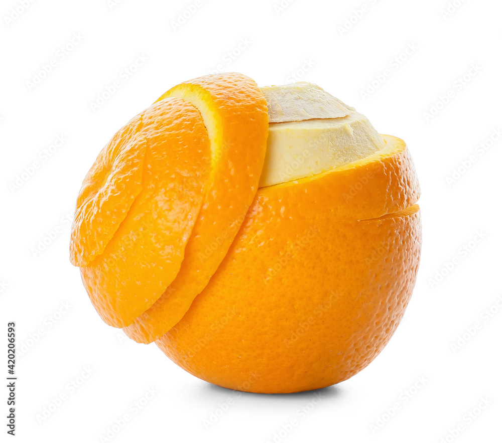 Ripe peeled orange on white background