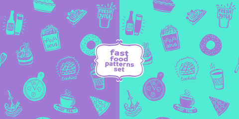 Sticker - Two fast food seamless patterns with doodle style food symbols