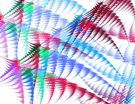 Sharp colorful needles are rhythmically connected and create an airy ornament on a white background. Imitation of a drawing with a liner. Abstract fractal background. 3d rendering. 3d illustration.