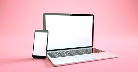 Wall Mural - full screen smartphone and laptop mockup design. digital device set