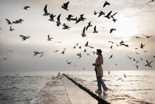A Young Caucasian Girl In A Stylish Coat And Hat Walks Along The Pier By The Sea And Feeds The Seagulls. A Flock Of Birds Is Circling Above The Water.