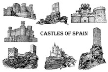 Graphical Castles Of Spain On White Background, Vector Architecture
