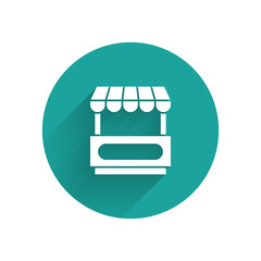 Sticker - White Fast street food cart with awning icon isolated with long shadow. Urban kiosk. Green circle button. Vector