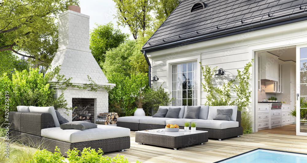 Cozy patio area with garden furniture, swimming pool and outdoor fireplace - obrazy, fototapety, plakaty 