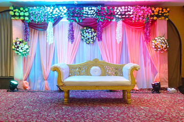 Beautiful Interior of Marriage Hall. Decorated Stage for Functions.