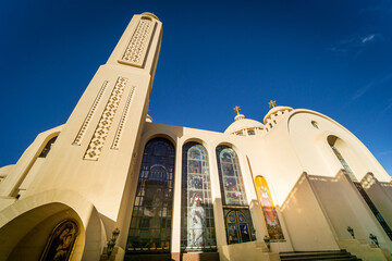 Public cathedral coptic egyptian church at the sky background