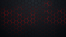 Abstract Dark Hexagon Pattern On Red Neon Background Technology Style. Modern Futuristic Geometric Shape Web Banner Design. You Can Use For Cover Template, Poster, Flyer, Print Ad. Vector Illustration