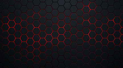 Wall Mural - Abstract dark hexagon pattern on red neon background technology style. Modern futuristic geometric shape web banner design. You can use for cover template, poster, flyer, print ad. Vector illustration