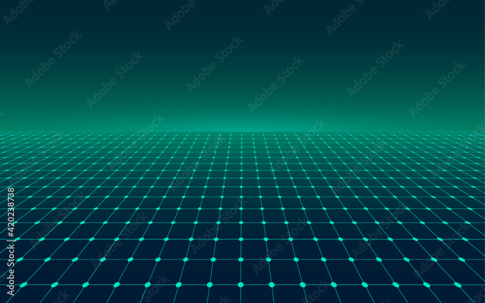 Abstract perspective green grid. Retro futuristic neon line on dark background, 80s design perspective distorted plane landscape composed of crossed neon lights and laser beams. Vector illustration - obrazy, fototapety, plakaty 