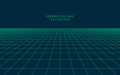 Abstract perspective dark blue green grid. Retro futuristic neon line on dark background, 80s design perspective distorted plane landscape composed of crossed neon lights and laser beams. Vector EPS10
