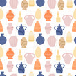 © Ekaterina - Seamless pattern vector isolated vases for plants and flowers, interior decorations of various shapes and sizes. Collection of ceramic products on a white background, antique vessels and cups.